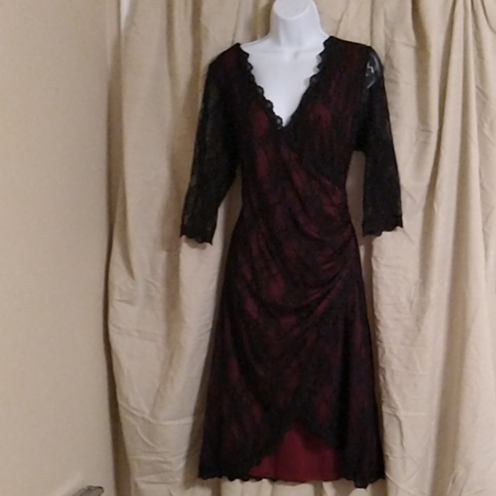 Great party dress.  Black lace over cranberry.